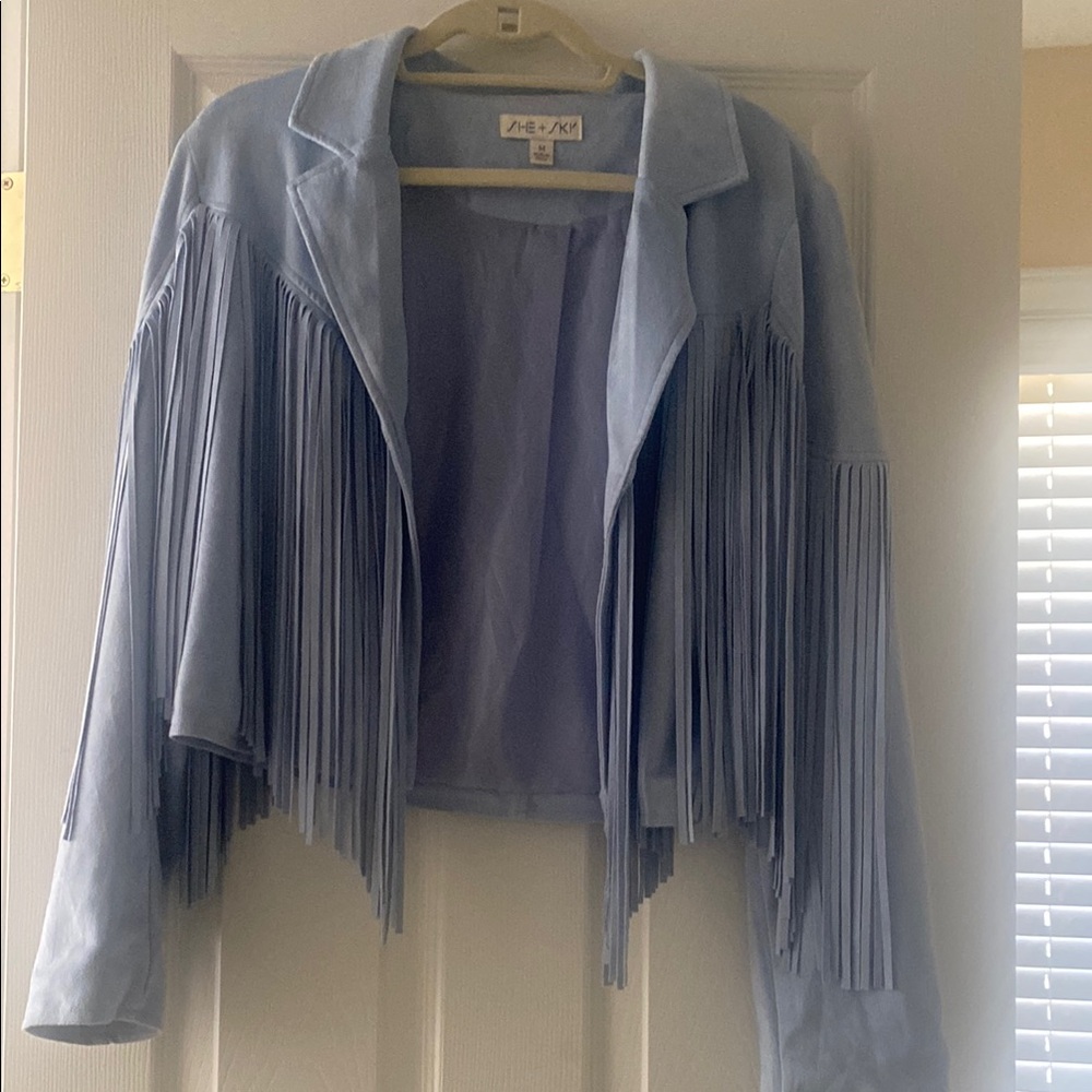 She and Sky Blue Fringe Blazer